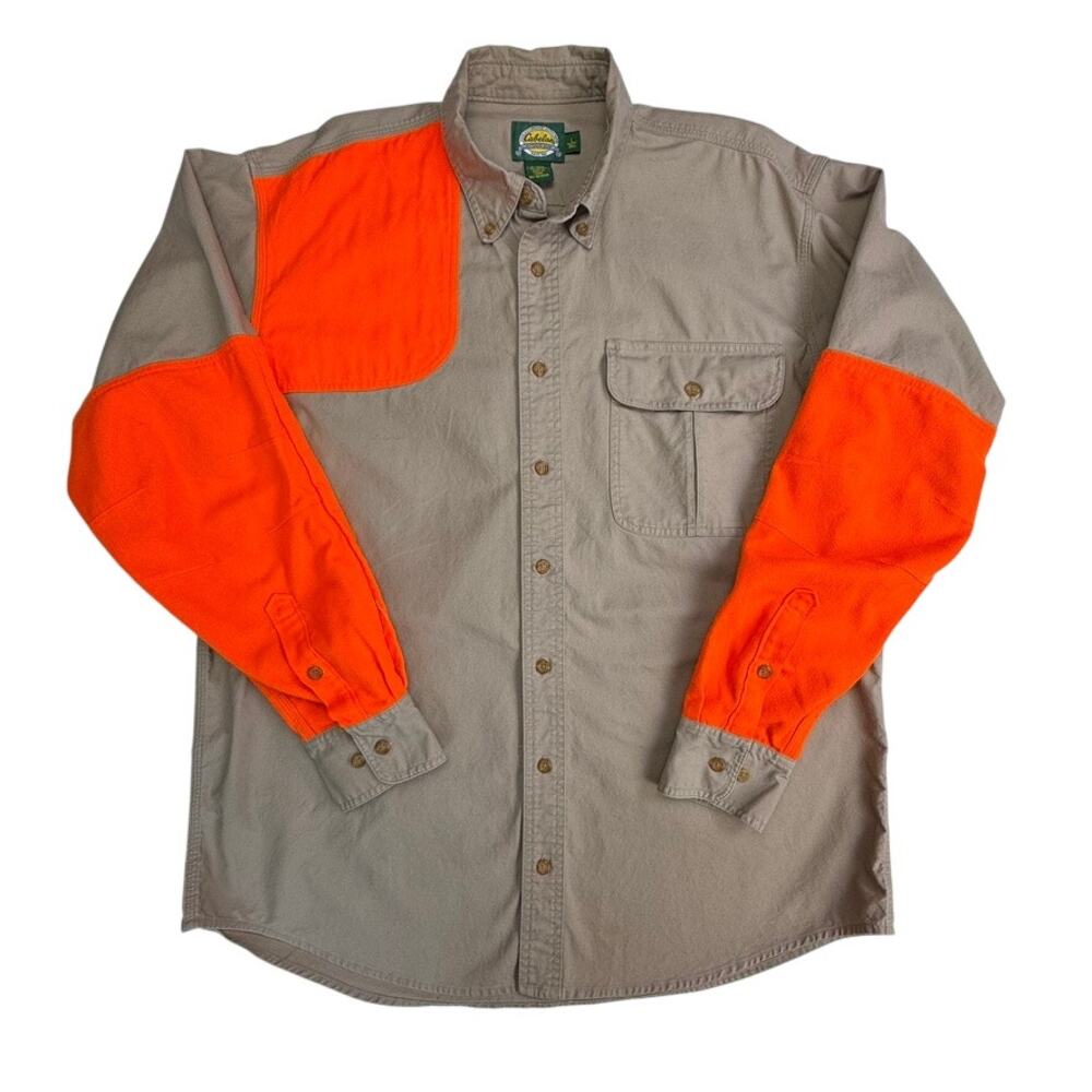 Cabela’s Upland Hunting Shirt Men L Tall Khaki Blaze Orange Cotton Shooting